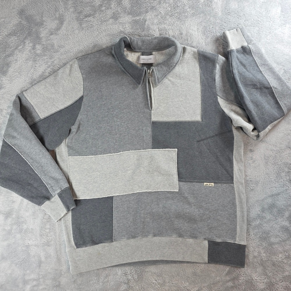 Ovadia & Sons Mens Large Grey Quarter Zip Sweatshirt Patchwork Fleece Streetwear